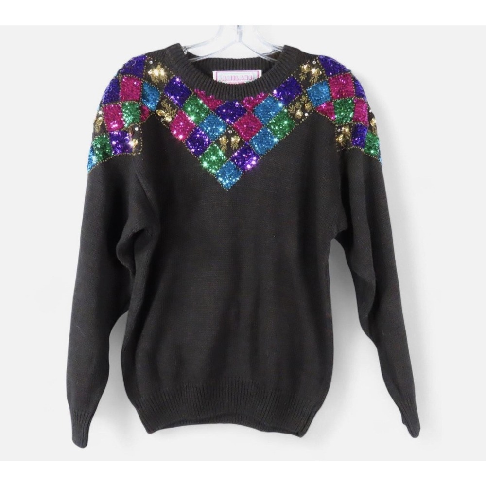 VTG AMILANO Sequin Sweater: Beaded, Shoulder Pads, Cocktail Party Style Size M